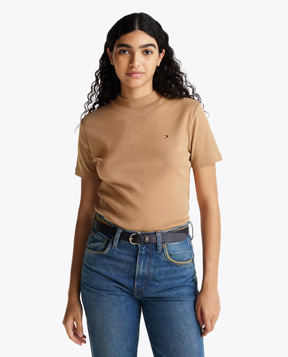 

Женская футболка с коротким рукавом, однотонная и с высоким воротом Tommy Hilfiger, коричневый