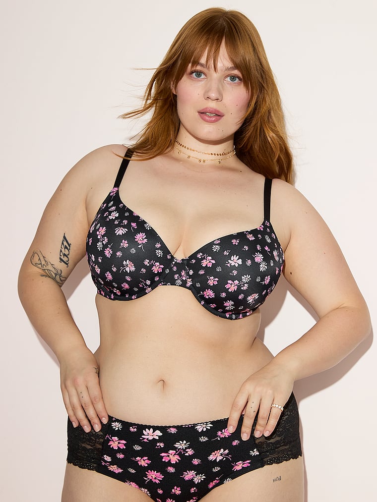 

Носите везде, бюстгальтер-футболку с легкой подкладкой, полностью закрывающий тело. Pink Wear Everywhere, smooth black ground floral print