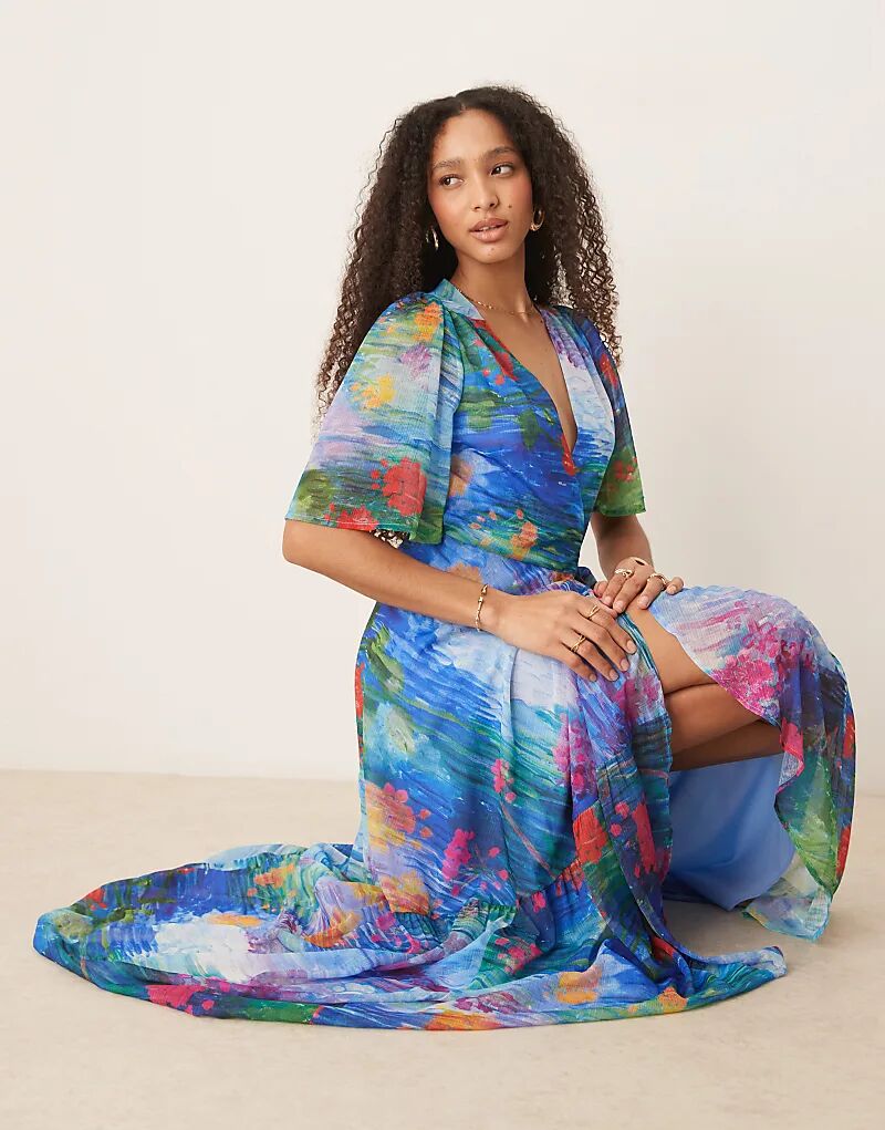 

Платье-халат макси Hope & Ivy с рукавами-крылышками и синим цветочным принтом