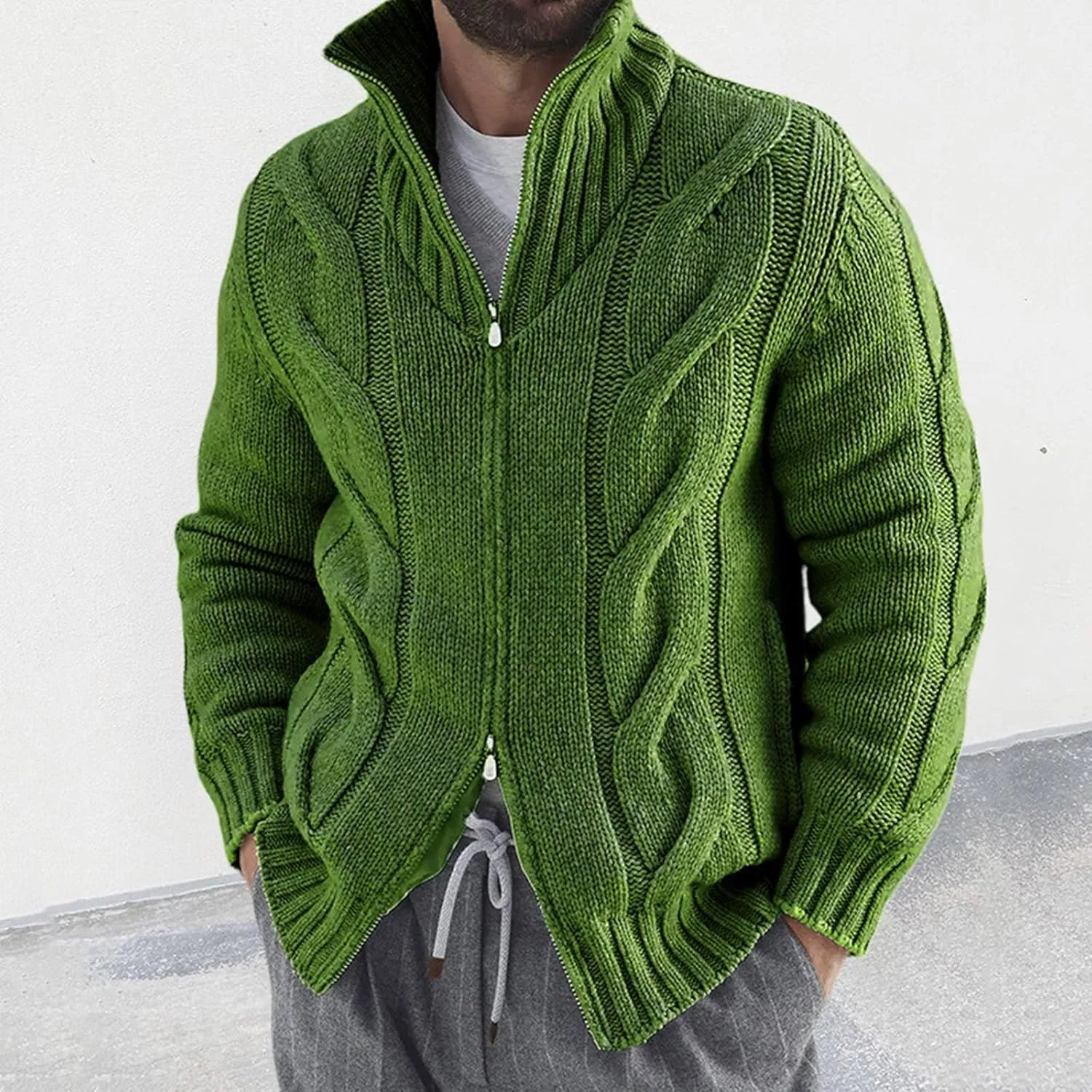 Толстовка-водолазка для мужчин Cable Knit с длинными рукавами и молнией — фото 3