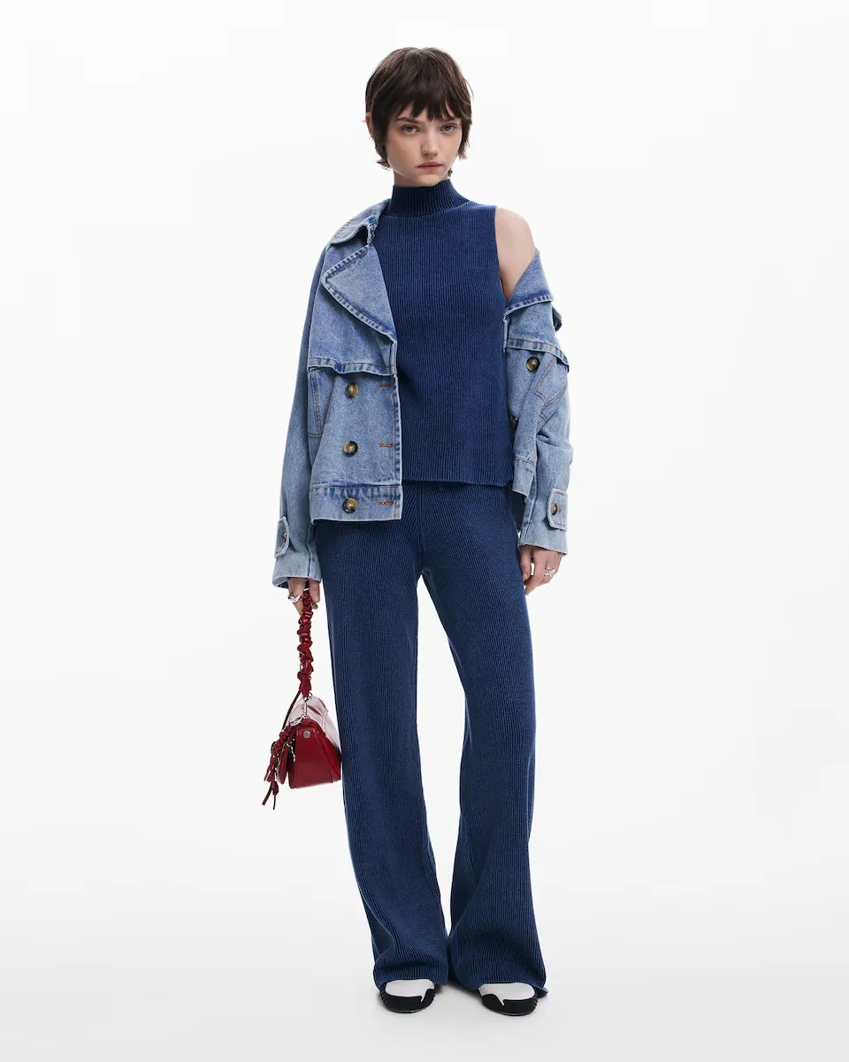 

Женские прямые брюки из ребристого трикотажа со шнурком для регулировки Desigual, синий