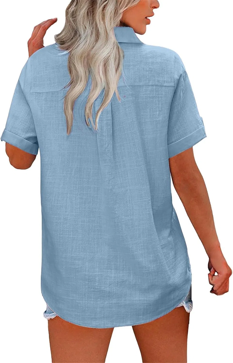 Блуза с коротким рукавом, хлопковая, Women's Cotton Short Sleeved Button Down Shirt, синий — фото 2