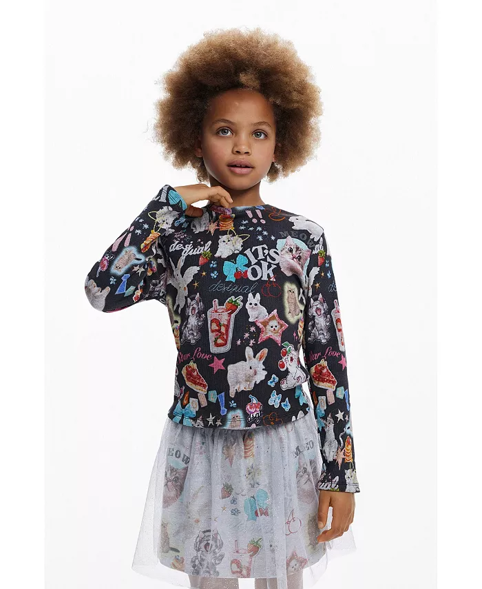 

Детская футболка с длинным рукавом и котиком Desigual, серый