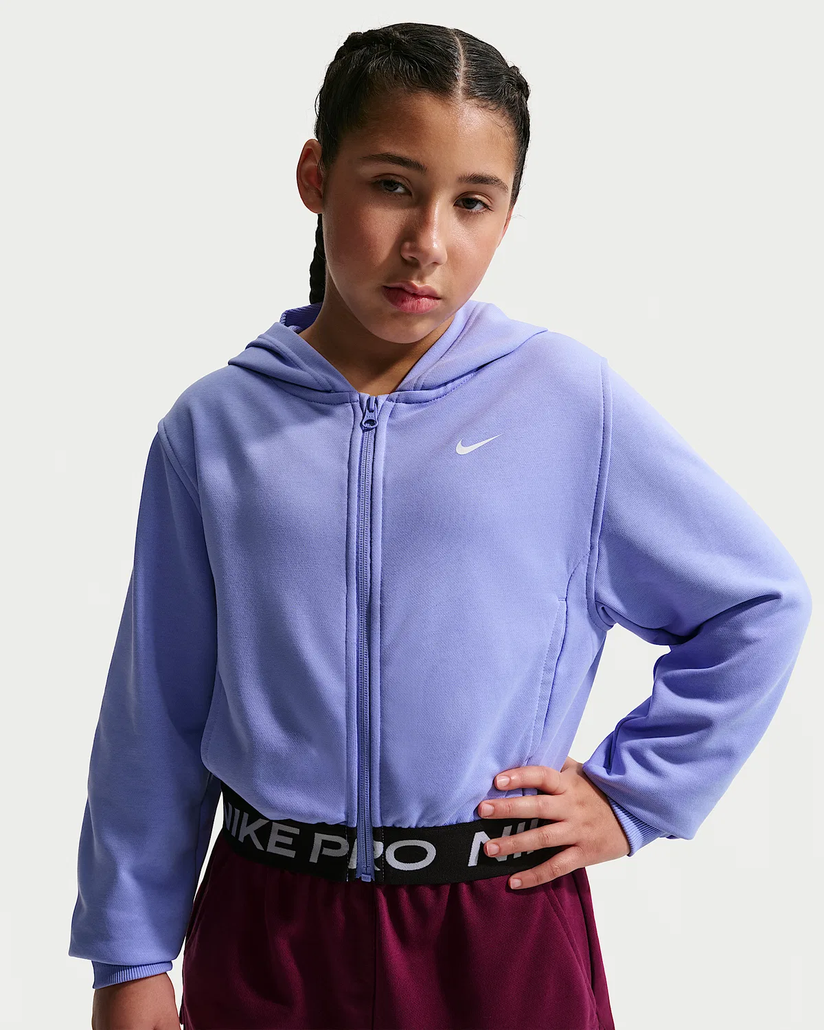 Детская (девичья) флисовая кофта Nike Pro Fleece Dri-FIT на молнии, Light Thistle/Light Thistle/Black/White