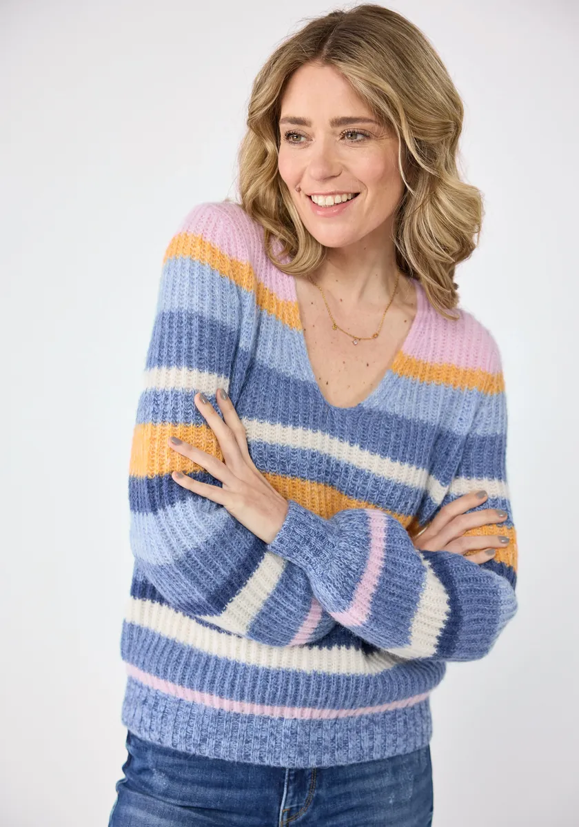 

Любимая вещь: свитер с V-образным вырезом "BeeleL" в полоску Lieblingsstück, цвет Light Blue Gestreift