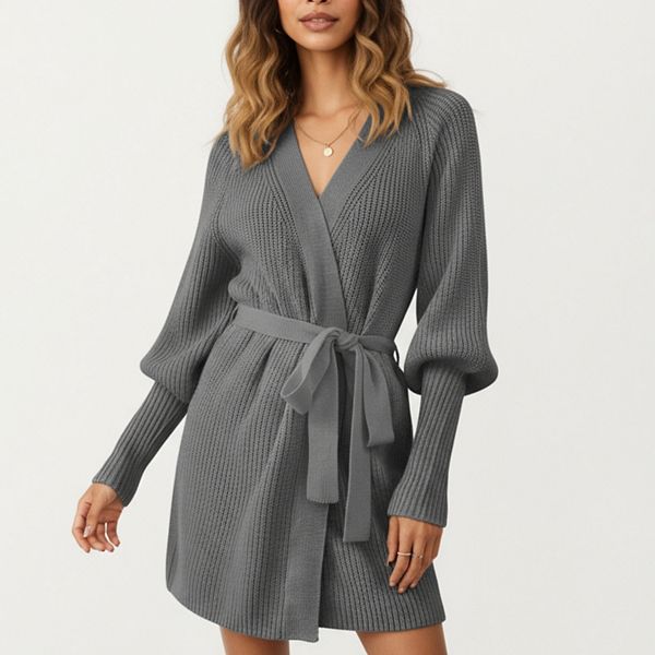 

Женский вязаный топ с запахом, длинными рукавами, мягкой текстурой ребристого полотна и регулируемым поясом Anna-Kaci, Gray