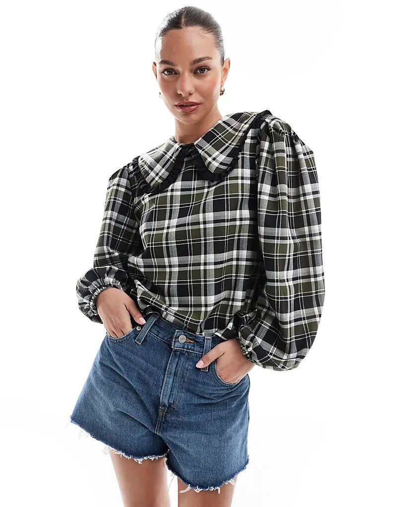 

Рубашка ASOS DESIGN с оборкой на воротнике и бантом сзади в клетку
