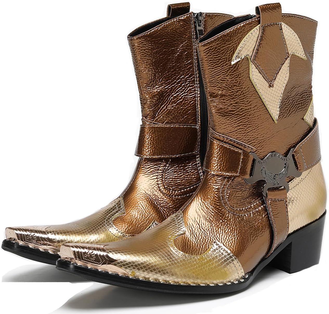 

Мужские ботинки Santimon Cowboy, повседневные и нарядные, из натуральной кожи, высокие, с металлическим носком, молнией, размером, вестерн-стиль, модные, для свадьбы, певцов, баров, вечеринок, бальных мероприятий, челси-бутсы, золотой