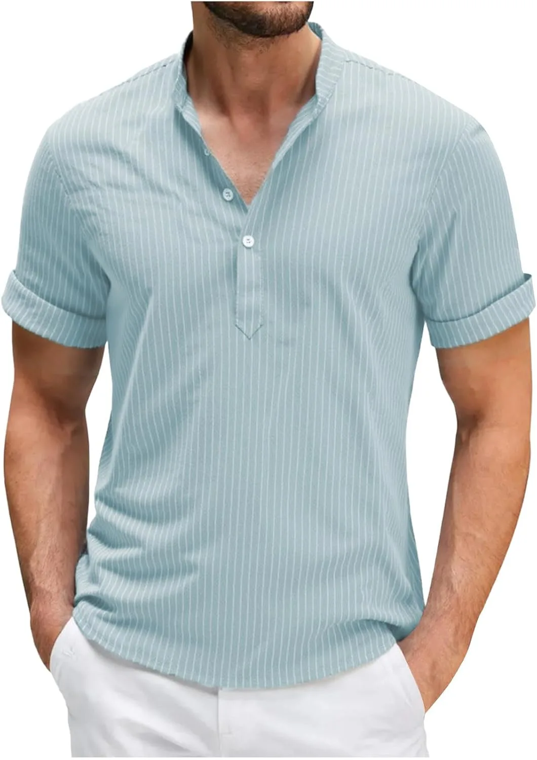 

Xiaojake мужская льняная футболка henley с коротким рукавом и полосками slim fit Xiaojmake