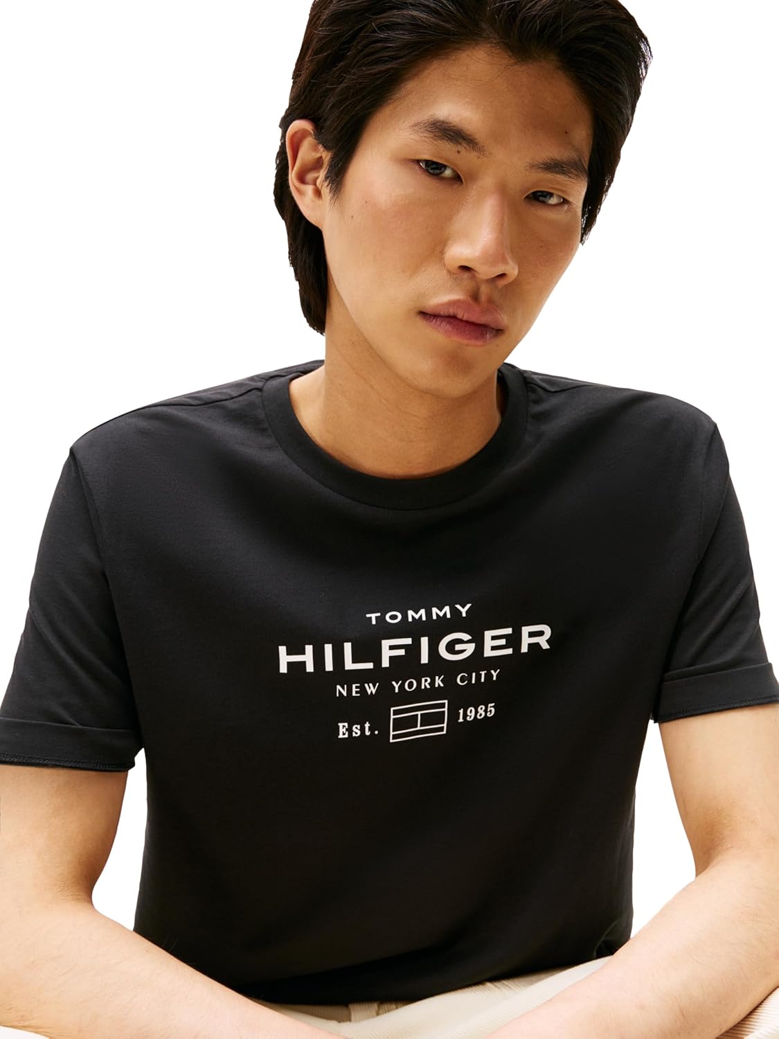 Мужские хлопковые футболки Tommy Hilfiger с короткими рукавами и графическим рисунком в виде логотипа, Black — фото 2