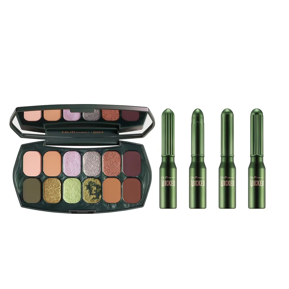 r.e.m. beauty Wicked: For Good | набор теней Ozian Forest и подводки Emerald City | палитра 12 оттенков + 4 металлических лайнера | шиммер, матовые и глиттерные текстуры | стойкие, легко растушевываемые формулы Rem Beauty, green