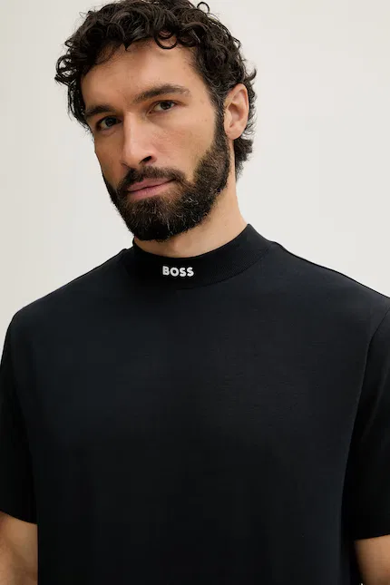 Футболка хлопковая с эластаном Tee Collar BOSS Green, черный — фото 4