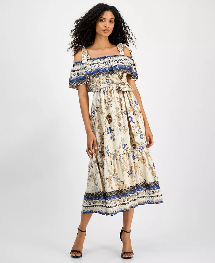 

Женское платье с принтом, завязывающимся на талии и открытыми плечами Anne Klein, белый