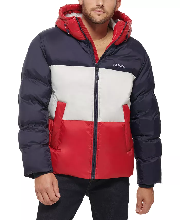 

Мужская утепленная куртка с капюшоном и цветными блоками Tommy Hilfiger, синий