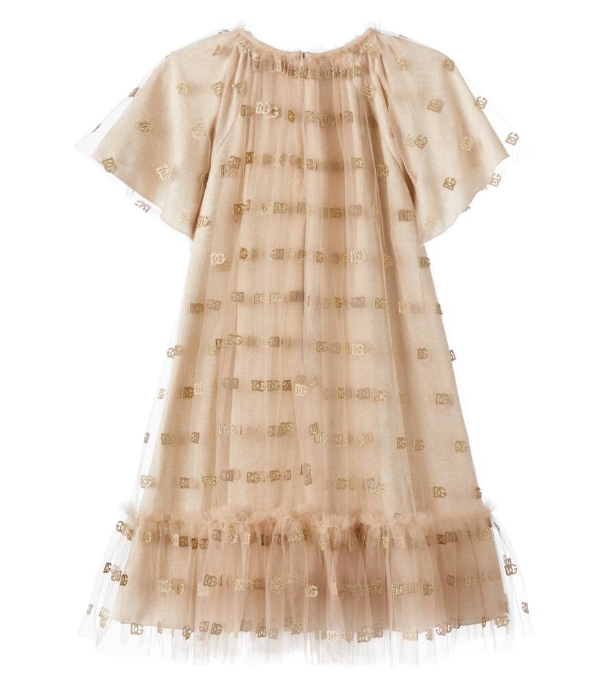 Платье из тюля с вышитым логотипом и рюшами Dolce&Gabbana Kids, Oro — фото 4