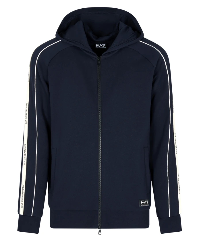 

Толстовка с капюшоном из серии Logo с застежкой-молнией по всей длине, изготовленная из смесовой хлопковой ткани. Emporio Armani Ea7, синий