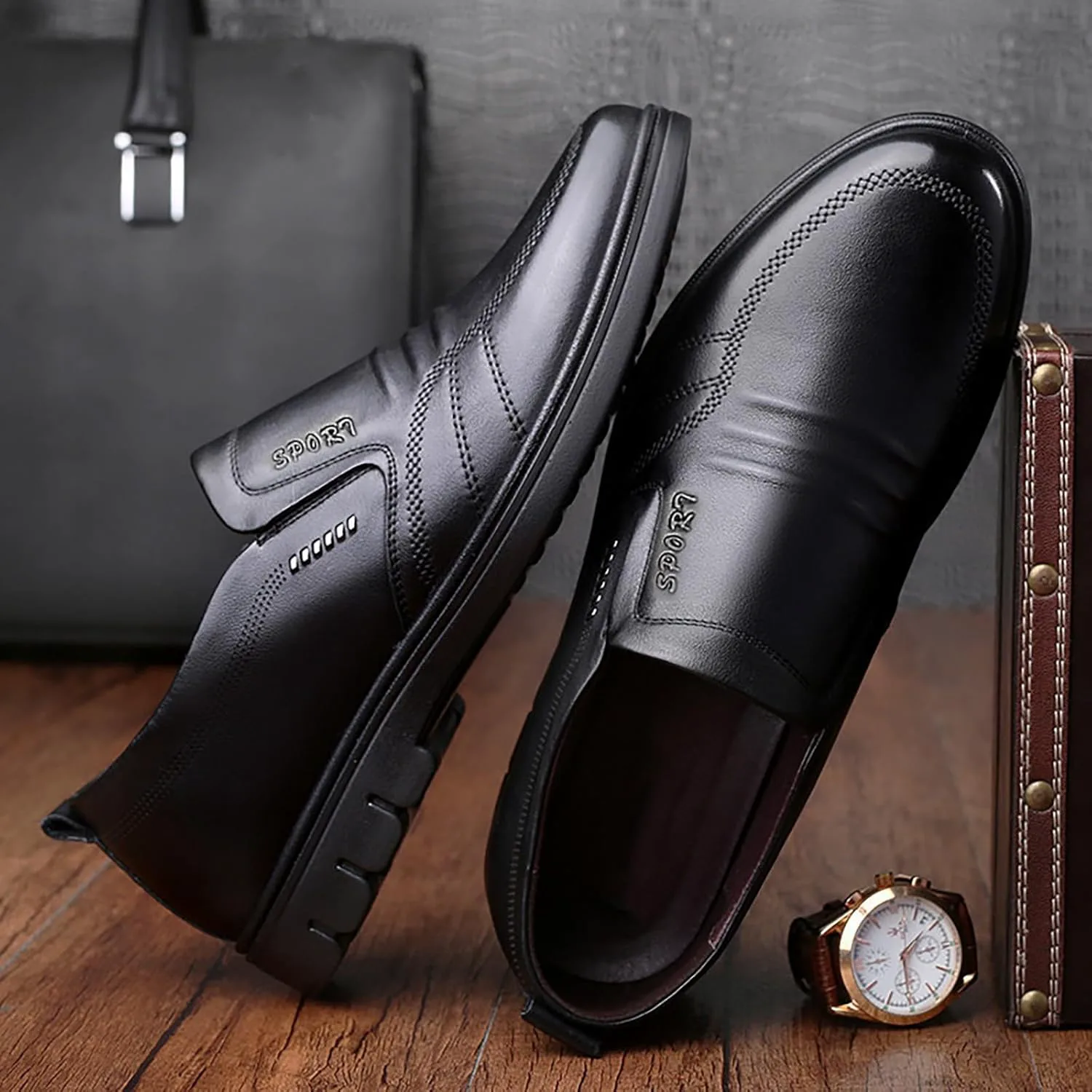 Men Leather Shoes Fashionable and Casual Style New Flat Bottomed Soft Sole Slip On Comfortable Slip On Casual Men Shoes Generic, черный — фото 2