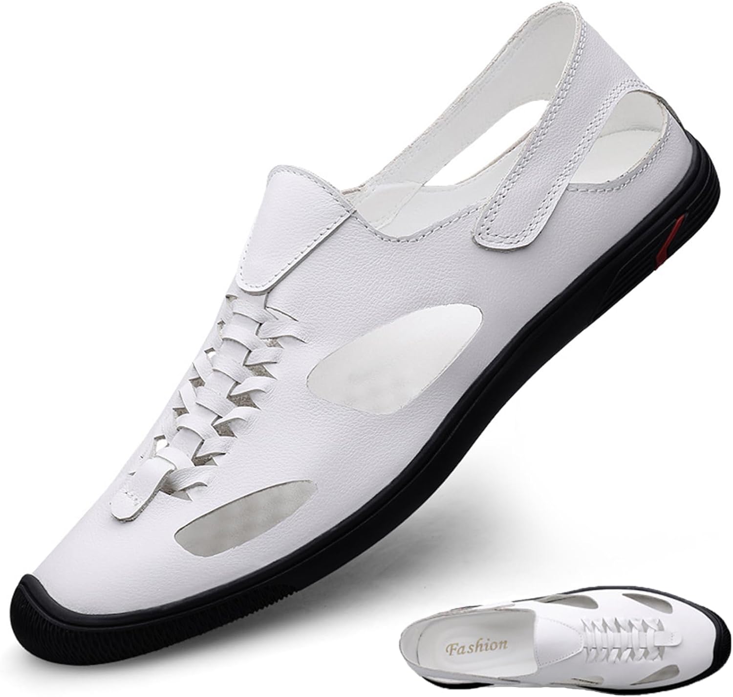 

Мужские сандалии-лодочки из натуральной кожи Hollow, плоские, рыбацкие, повседневные, летние, дышащие, с закрытым носком, с легким надеванием, для вождения, пляжа, прогулок и водного туризма Devileyeze, белый