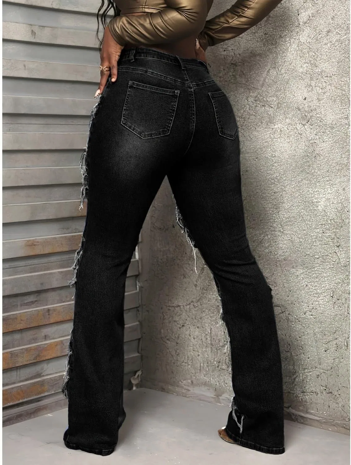 Женские джинсы Slim Fit с прямыми штанинами, потертые края, застежка на пуговицах, комфортные брюки Generic, черный — фото 2