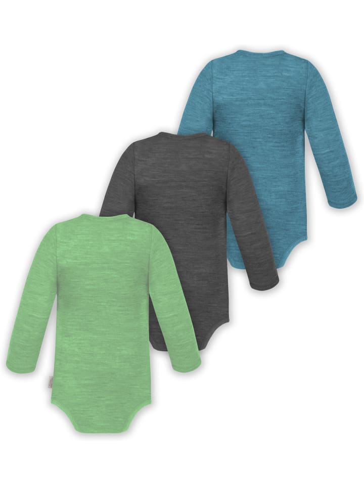 Normani Outdoor Sports Набор из 3 детских боди с длинными рукавами из мериносовой шерсти, синего, антрацитового и зеленого цветов — фото 2