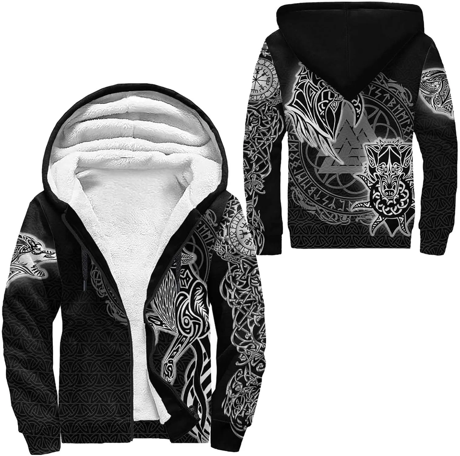 Мужская теплая флисовая толстовка с капюшоном Viking Tattoo Fenrir Wolf с 3D-принтом, изображением бога Одина и ворона, на подкладке из шерпы, на молнии