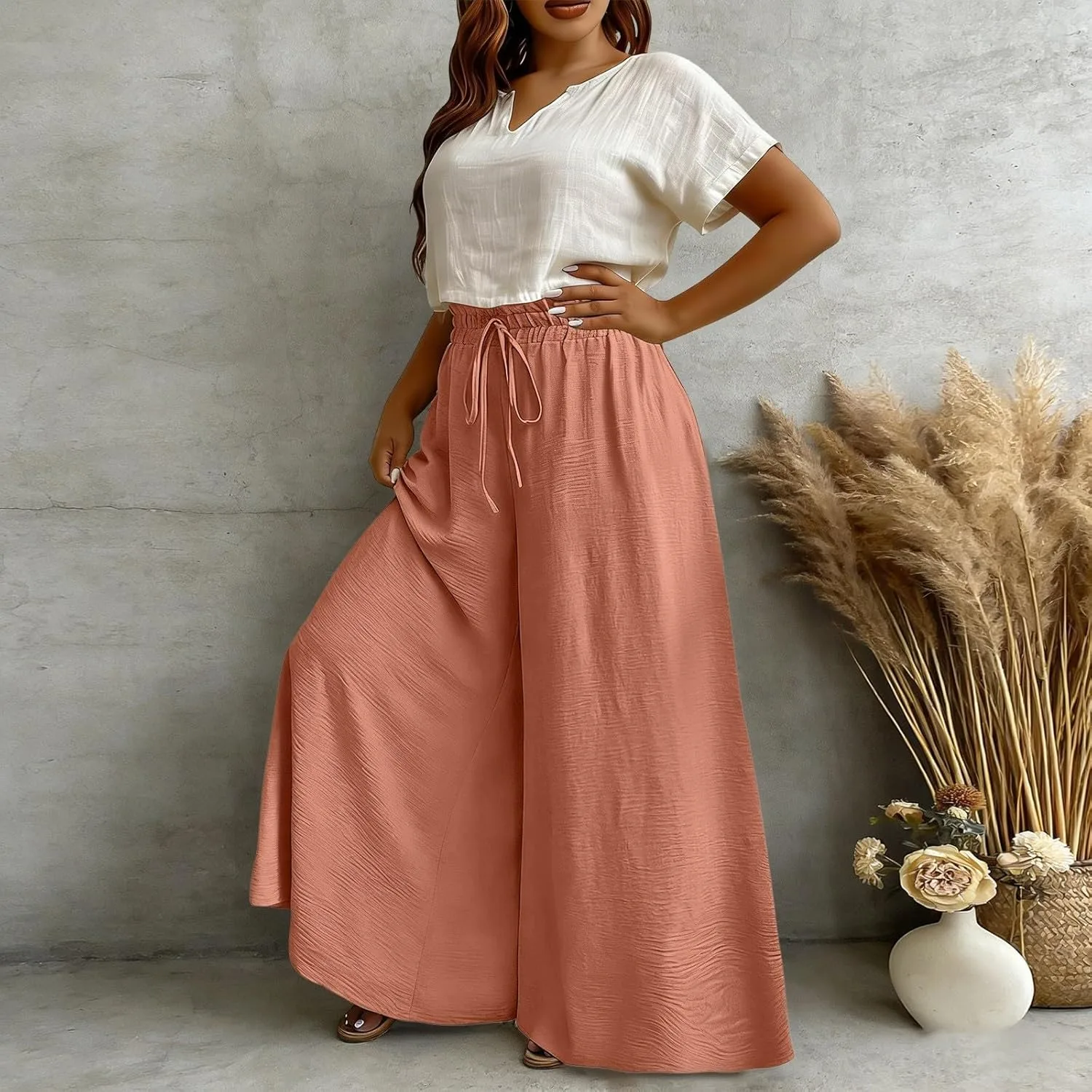Кюлоты для женщин Plus Size, широкие палаццо, брюки с завязками и эластичной высокой талией, струящиеся, для пляжа и отпуска Generic, золотой — фото 2