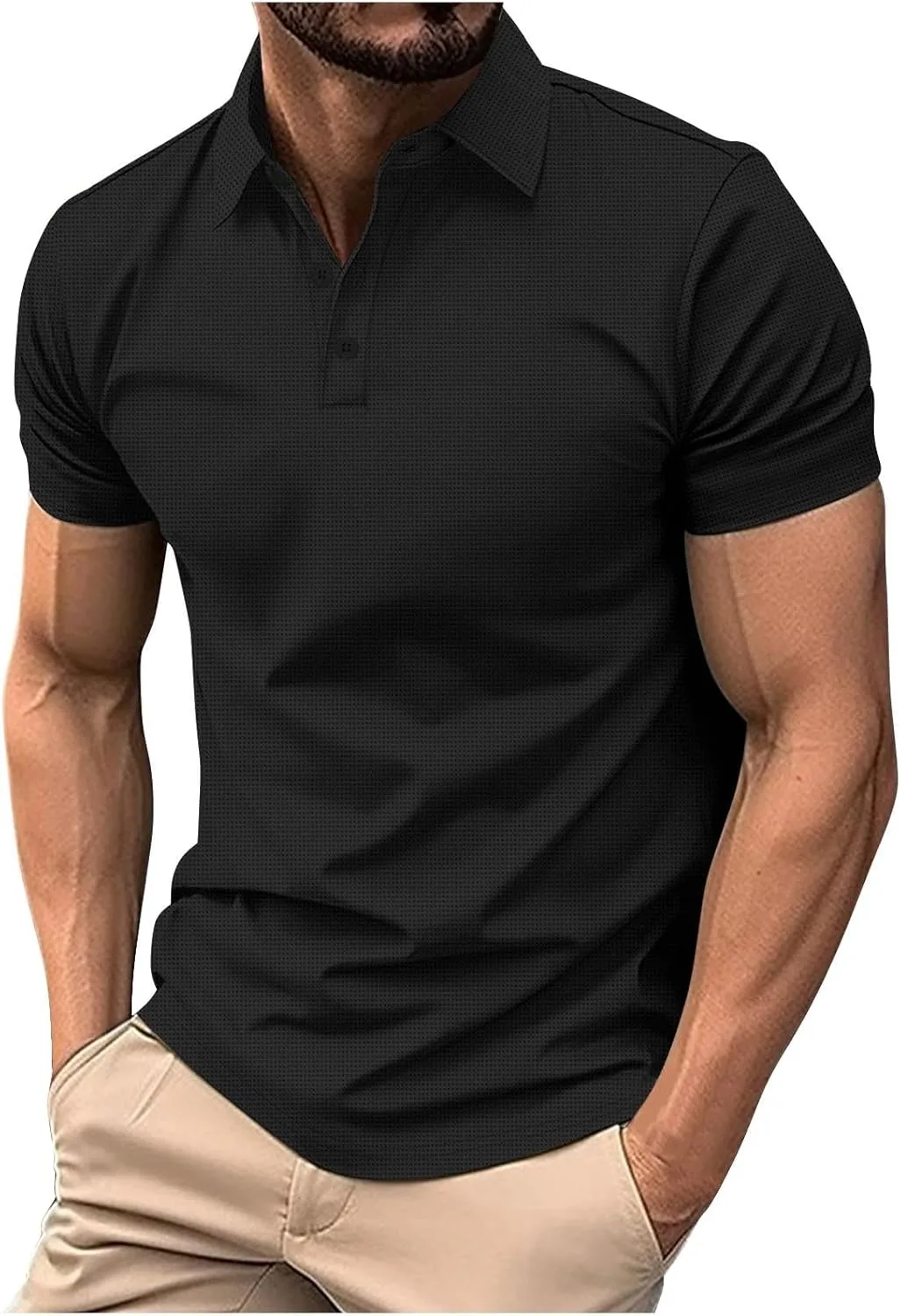

Летняя рубашка для мужчин с коротким рукавом, вязаная поло с вафельной текстурой