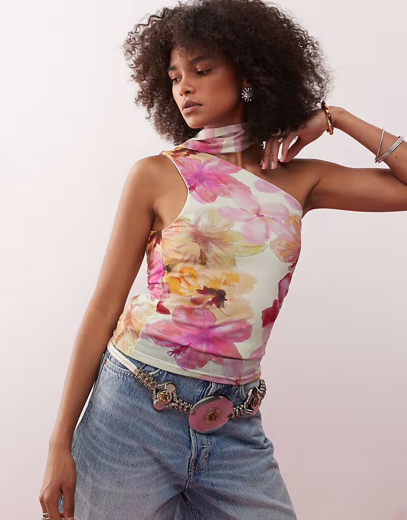 

Майка с косым вырезом и принтом в виде тропического шарфа Reclaimed Vintage, мультиколор