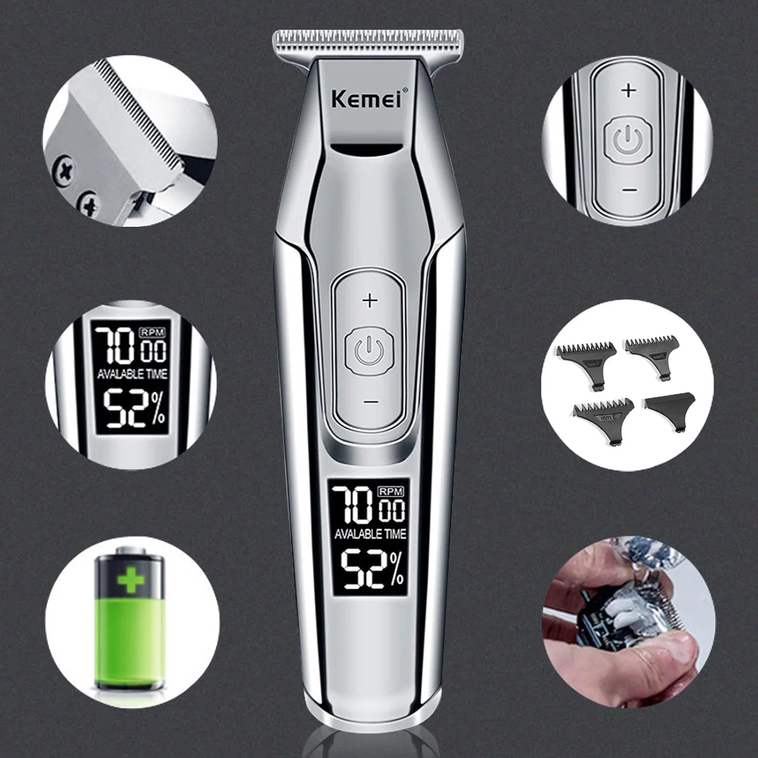 Беспроводной триммер для волос с LCD-дисплеем от KEMEI Kemei, Silber — фото 2