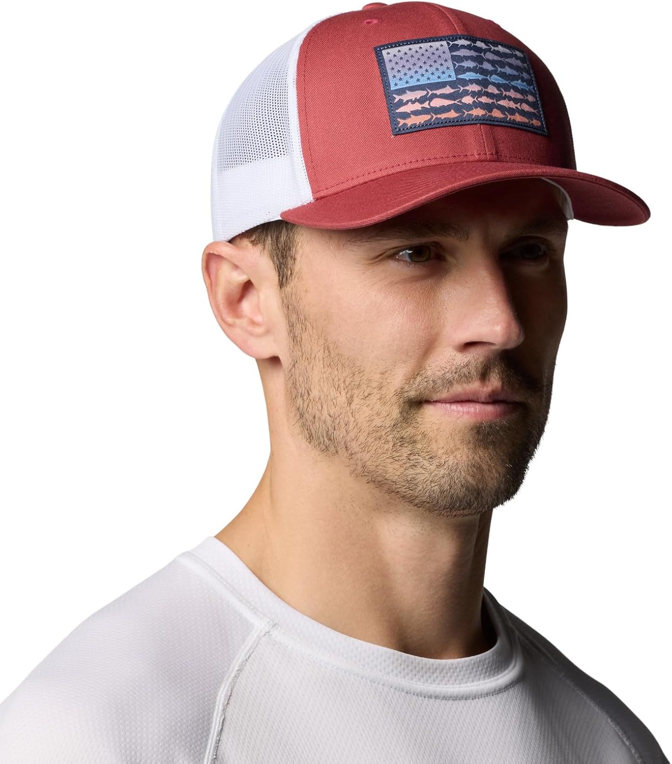 

Columbia PFG Fish Flag Mesh Snap Back, Dusty Crimson/White/Fish Flag