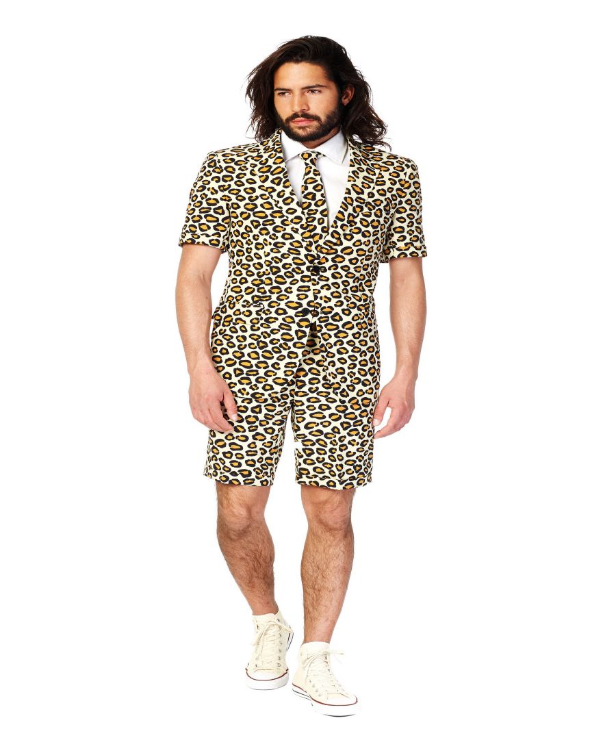 

Мужской летний костюм с анималистическим принтом - приталенный крой - включает пиджак с короткими рукавами, шорты и галстук OppoSuits, Beige