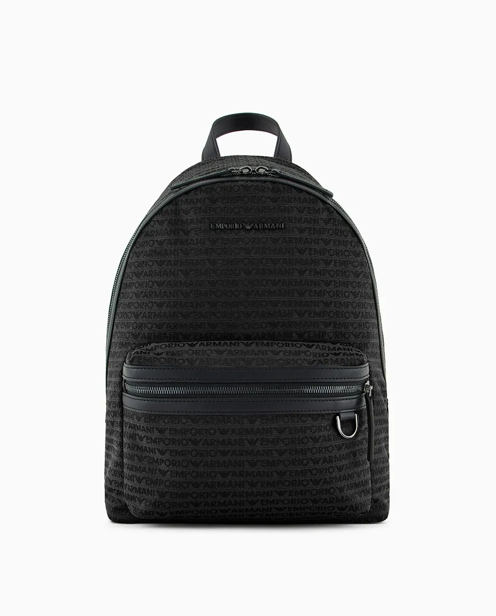 

Мужской рюкзак из жаккардового хлопка с металлическим логотипом Emporio Armani, черный