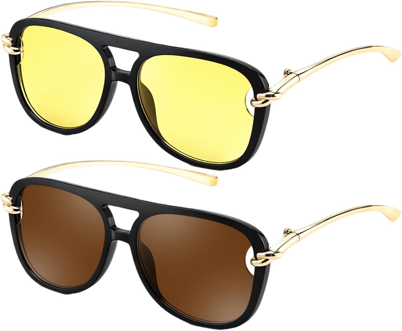 

Karsaer 2 шт. Модные солнцезащитные очки-авиаторы большого размера для женщин и мужчин, в стиле ретро 70-х, квадратные, с двойной перемычкой, Black Frame / Yellow Lenses + Black Frame / Tea Lenses