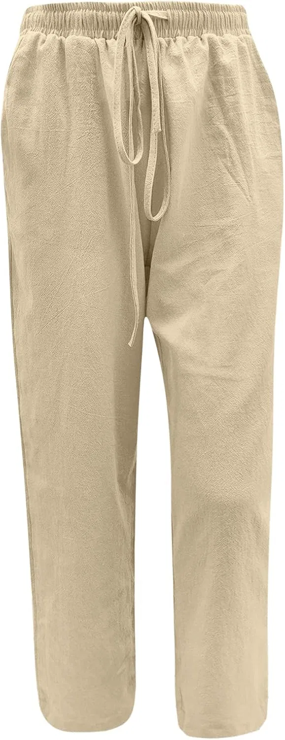 Широкие брюки женские, Cotton Linen, на завязке, Khaki — фото 4