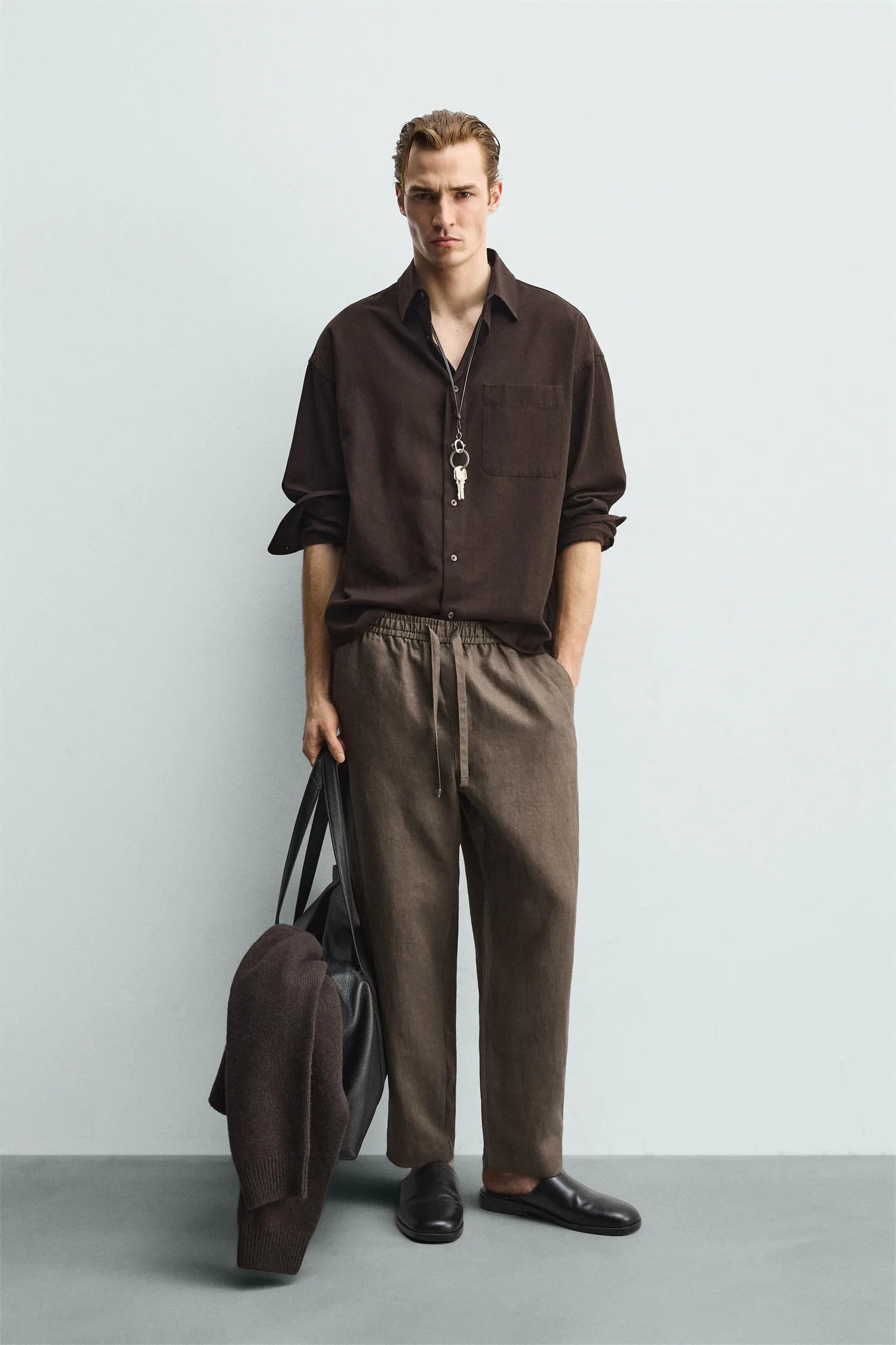 Брюки свободного кроя из 100% льна Zara, коричневый