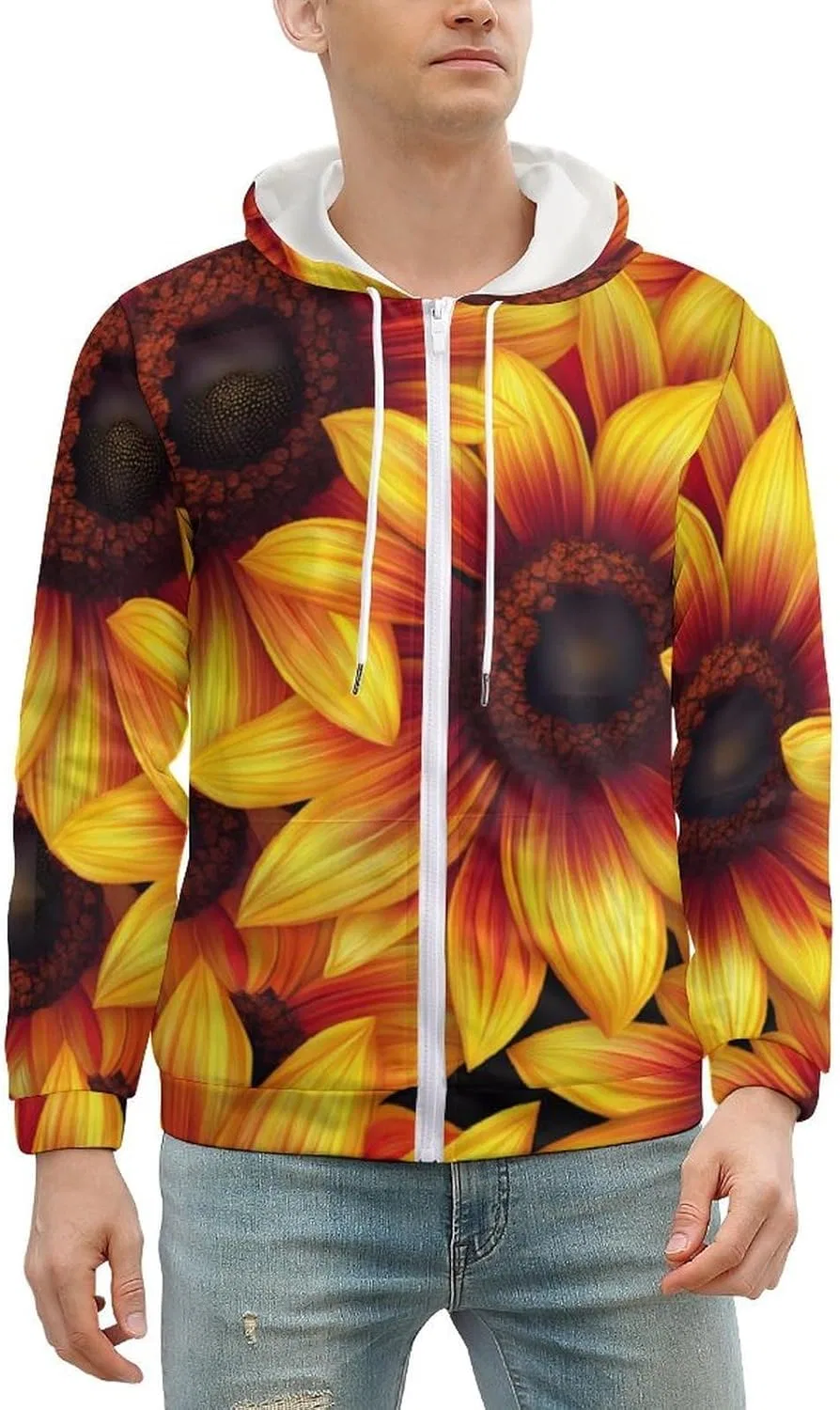 Худи мужское на молнии с принтом подсолнухов, Generic, Style — фото 2