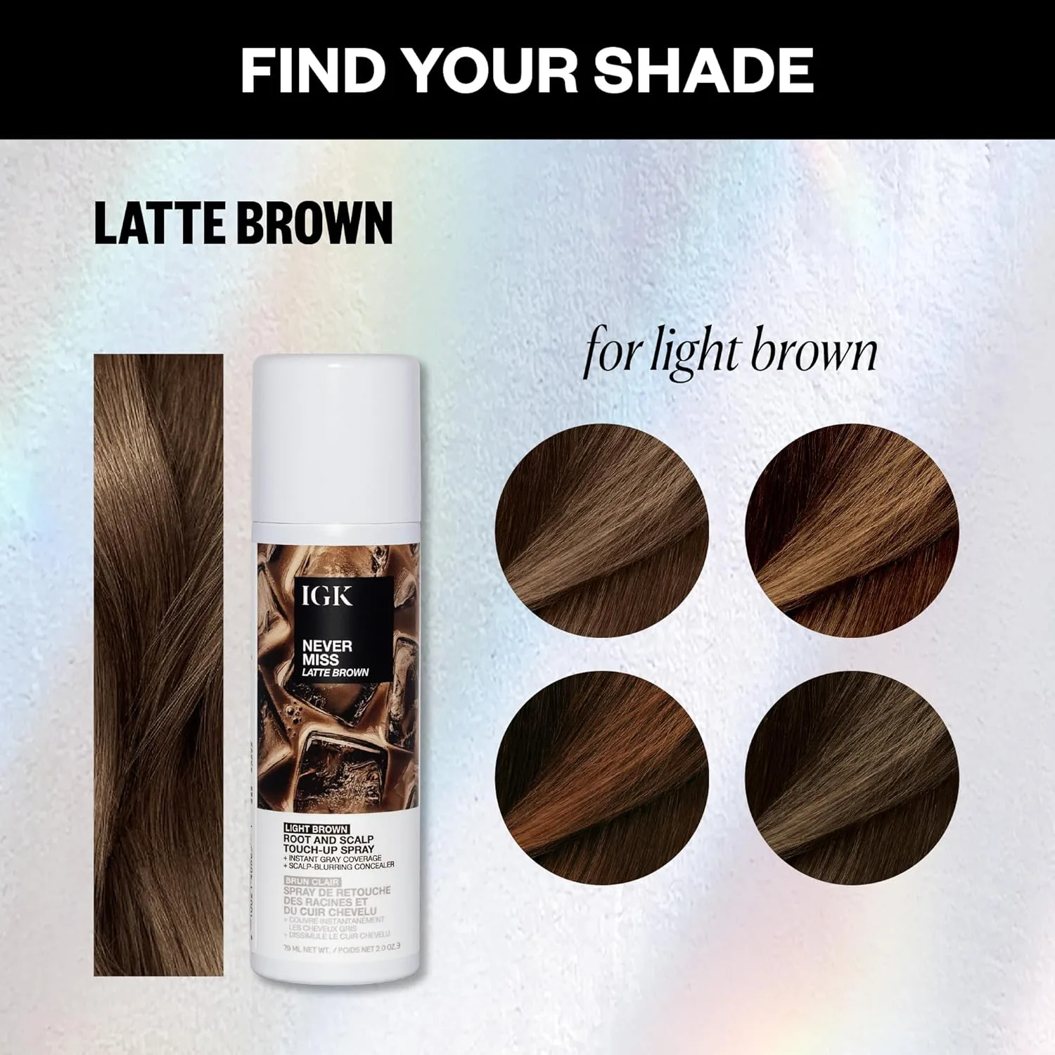 IGK NEVER MISS Root & Scalp Touch-Up Spray - Light Brown | Временный камуфляж для седых корней и редких волос | Водостойкий, устойчивый к поту, без осыпания | С биотином, розмарином и скваланом | 60 мл, Gray — фото 3
