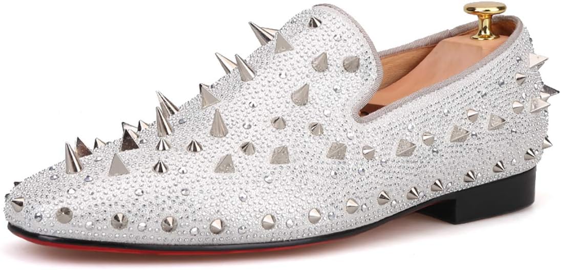 Мужские блестящие кожаные слипоны HIHANN Spikes and Diamonds, лоферы-смокинг Hi&Hann, серебро — фото 2