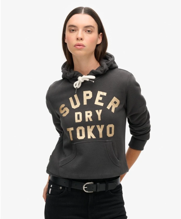 Худи с графическим логотипом и блестками, черное. Superdry, черный — фото 2