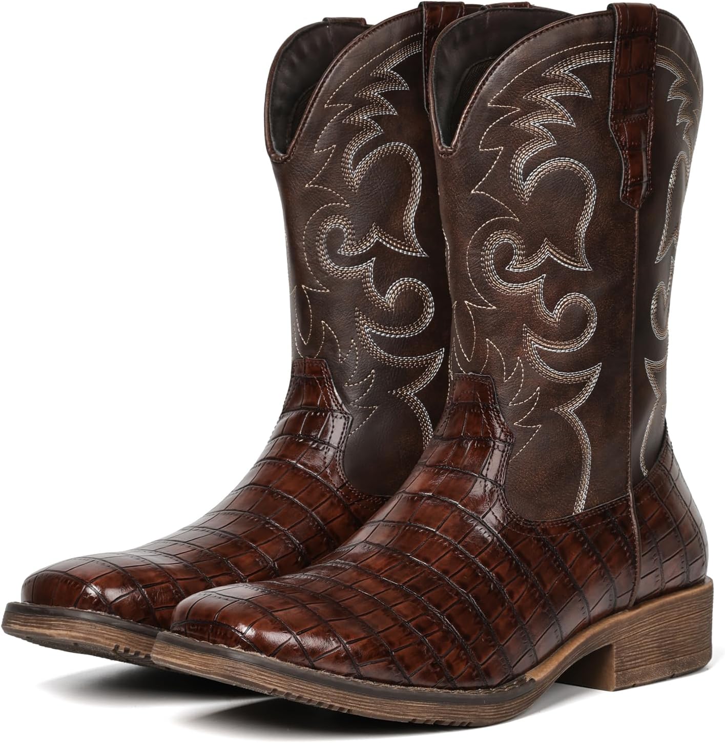 

Мужские ковбойские ботинки IUV в западном стиле с принтом каимановой кожи, широкие, модные, с вышивкой, на молнии, противоскользящие, темно-коричневый