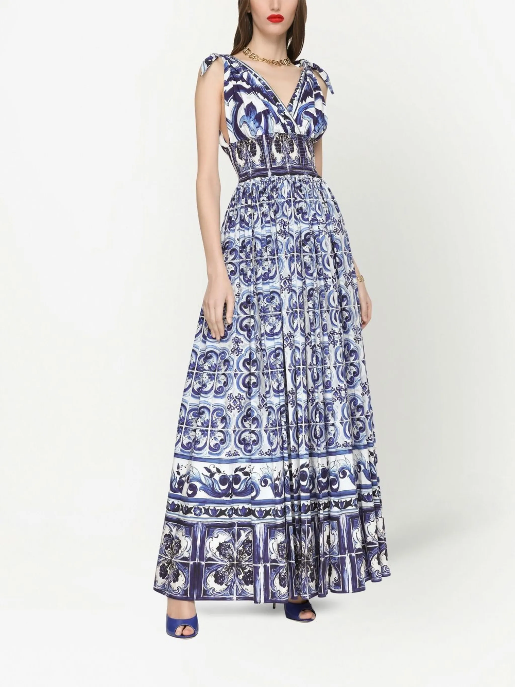 Поплиновое платье макси с принтом Majolica Dolce & Gabbana, синий — фото 3
