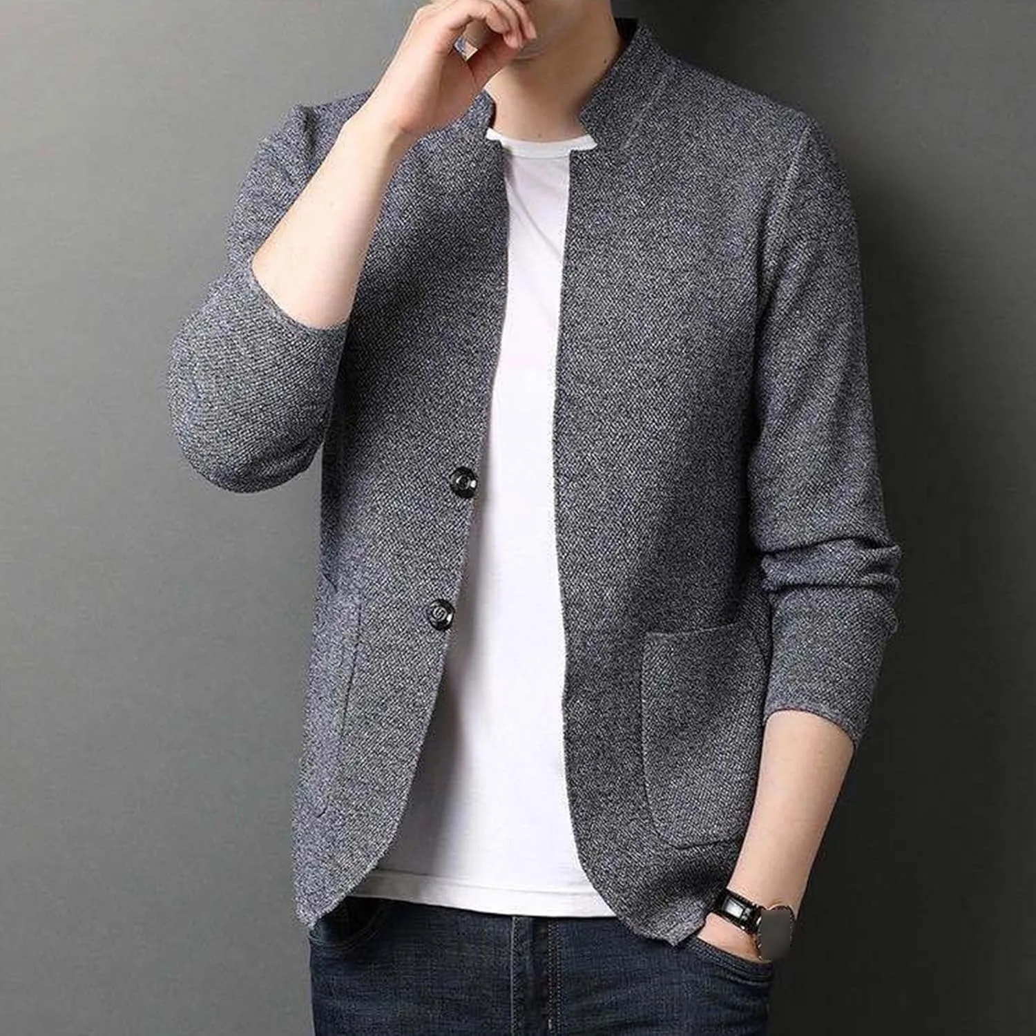 Мужской кардиган с вырезом под горло, классический вязаный свитер, slim fit — фото 2