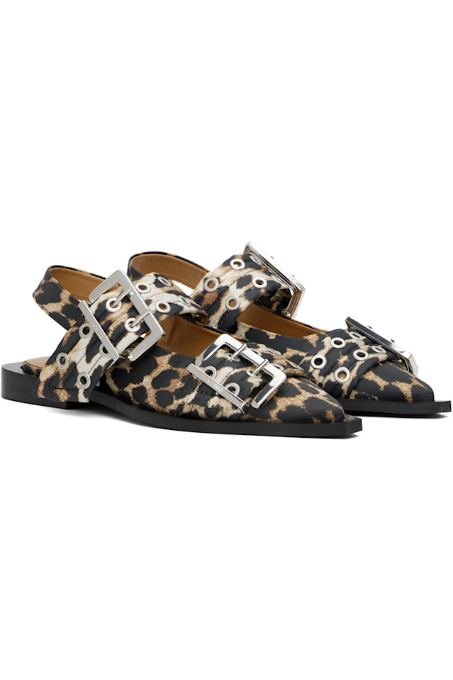 Женские балетки с пряжкой из сатина Ganni, цвет leopard — фото 4