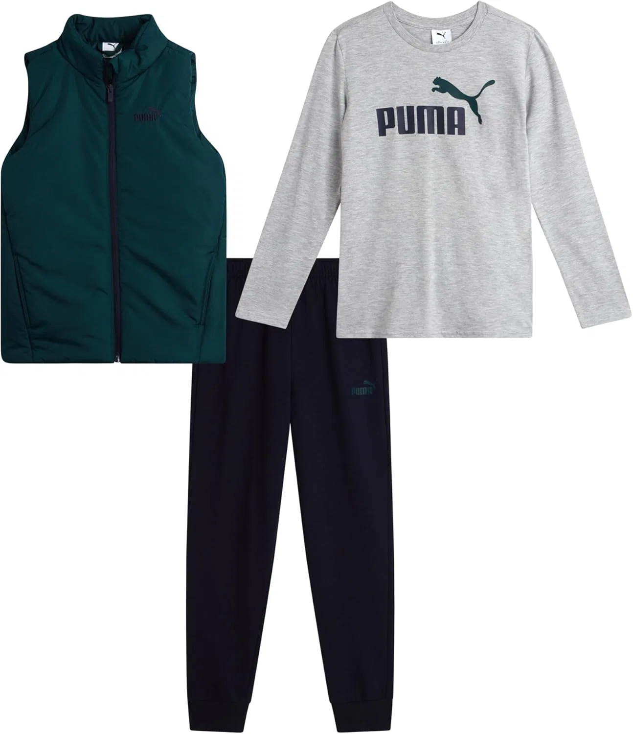 Спортивный костюм для мальчиков PUMA, 3 предмета: жилет, футболка с длинным рукавом и джоггеры, Grey/Green/Navy