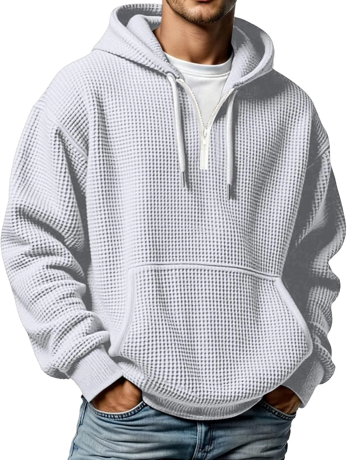 

Мужской худи-пуловер с четвертью молнии, вафельной вязкой и карманом