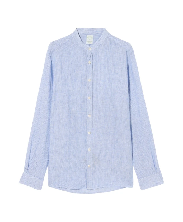 

Приталенная льняная рубашка со стоячим воротником и полосками. Brooks Brothers, синий