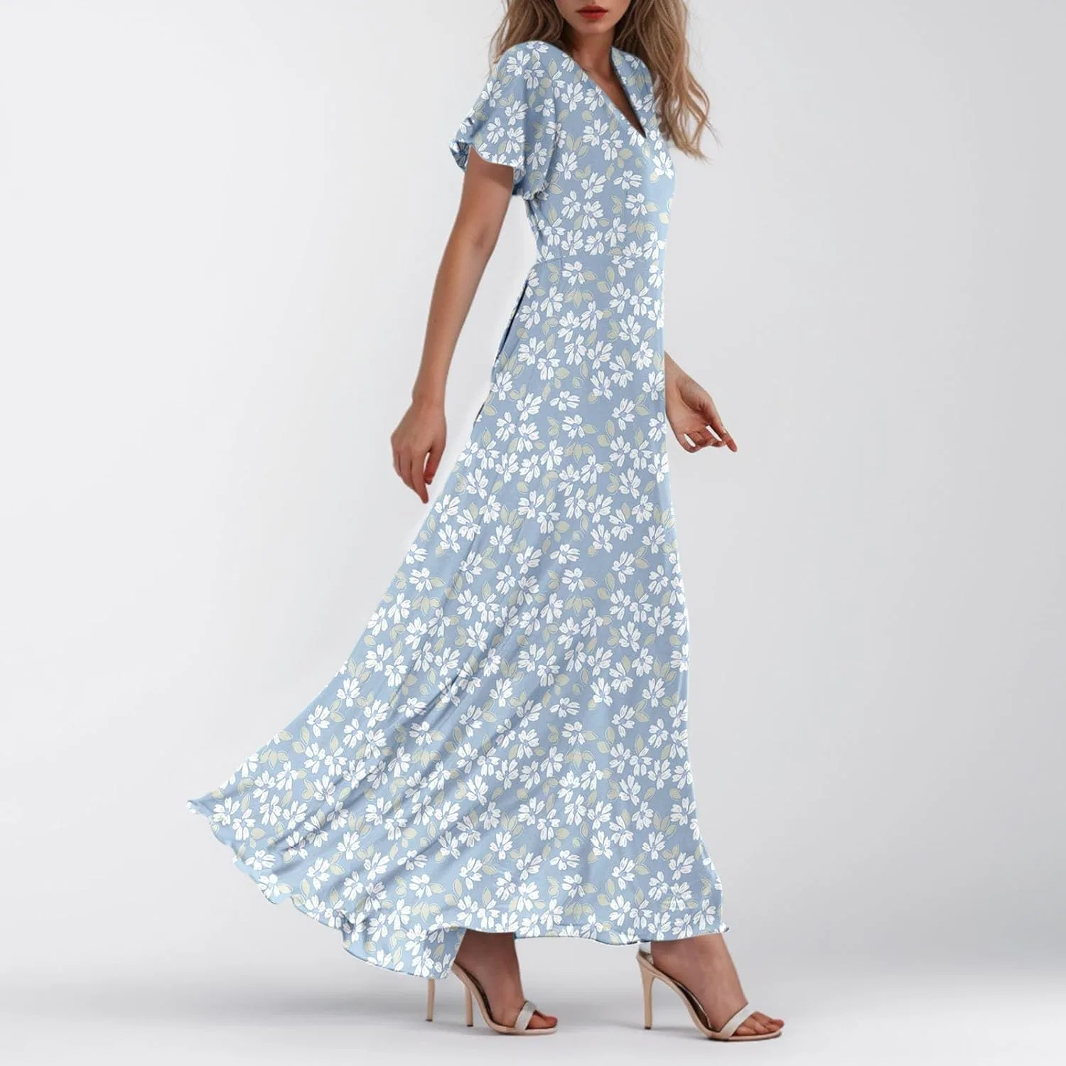 Летнее платье для женщин Flowy Casual с цветочным принтом Maxi Dress с коротким рукавом Boho Beach Vacation Sundresses Generic, светло-голубой — фото 4