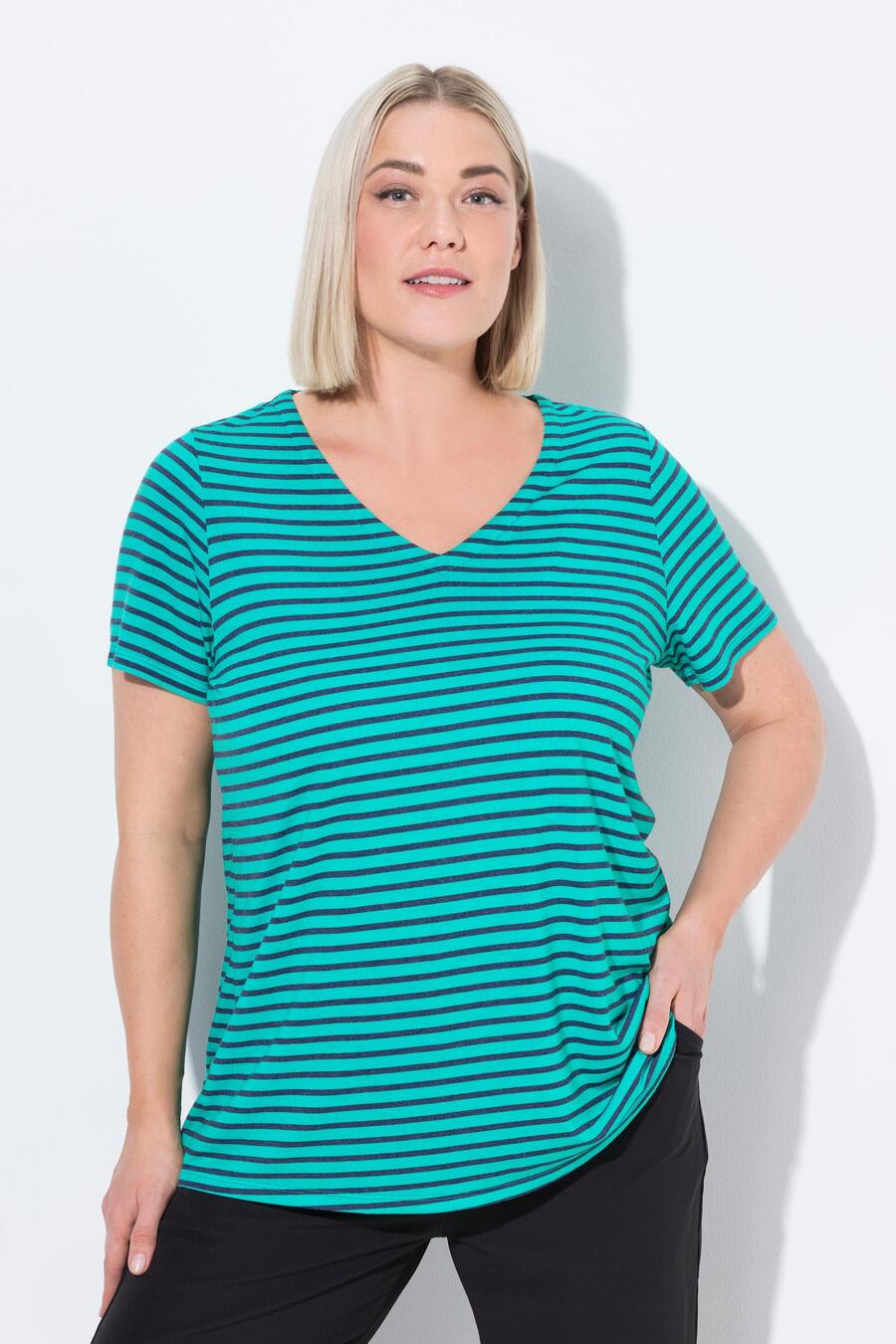 

ULLA POPKEN Женская функциональная рубашка в полоску, классическая, с V-образным вырезом и коротким рукавом