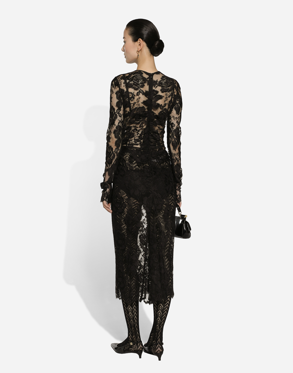 Платье из кружевной ткани с цветочным узором длиной до середины икры Dolce & Gabbana, черный — фото 3