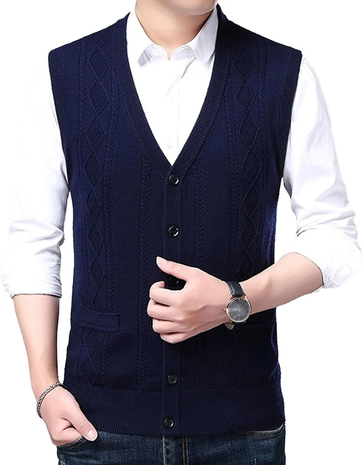 

Мужской жилет-кардиган с V-образным вырезом и карманом DGHM-JLMY